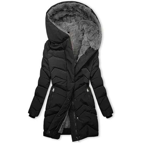Puffer Jackets Women UK Sale Clearance,Plus Size Warm Padded Coats,Full Zip Sherpa Lined Parkas Jackets,Winter Coats with Fur Hood,Faux Fur Trim Fleece Outerwear,Mid Length Thickened Overcoat