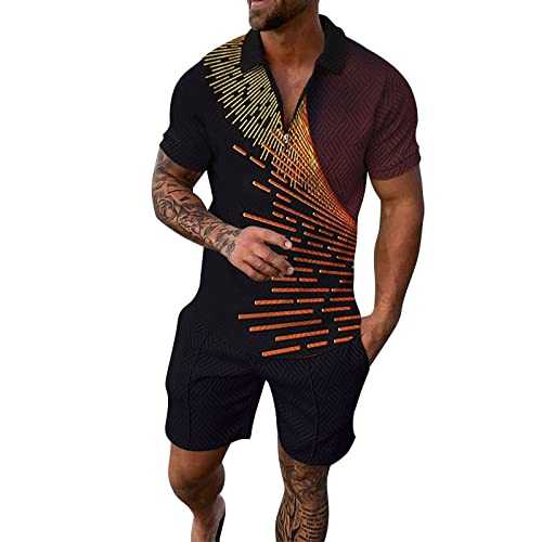 OBiQuzz Men's Summer Tracksuit, Casual 2 Piece Set, Casual Polo Shirt + Short Trousers, Jogging Suit, Leisure Suit, 2 Piece Printed Polo Shirt