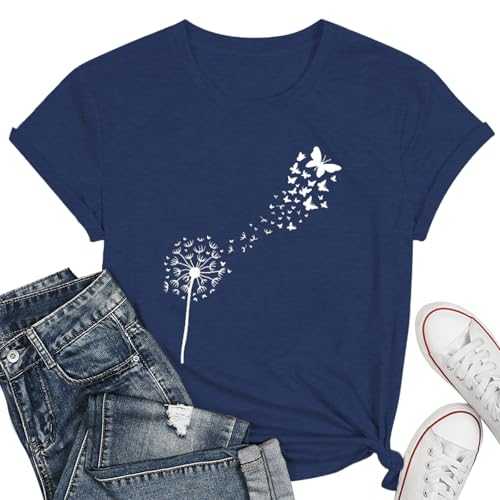 Dandelion Shirt for Women Cute Wildflower Short Sleeved Tops Summer Flower Graphic T-Shirts