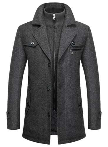 FANARCHER Men's Wool Blend Coats with Detachable Zipper Winter Warm Jakcet Single Breasted Business Windbreaker Pea Coat