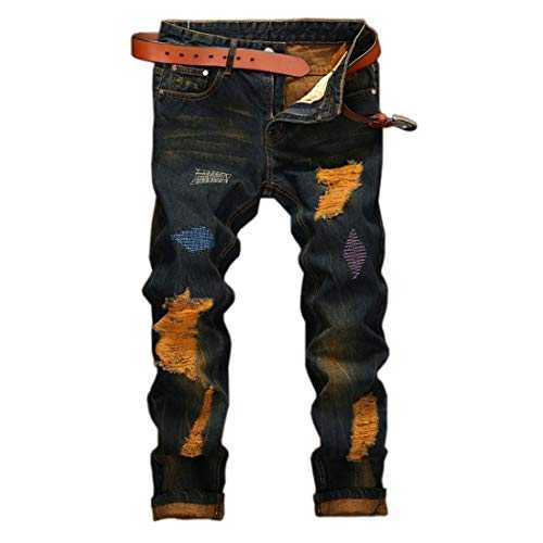 utcoco Men's Street Performance Classic Fit Ripped Contrast Denim Jeans Pant with Embroider - Blue - 34