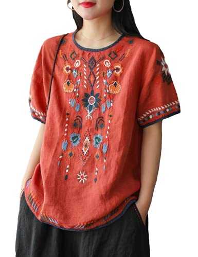 SeekMe Women's Embroidered Blouse Cotton Linen Short Sleeve Peasant Boho Mexican Tunic Top Casual T Shirt
