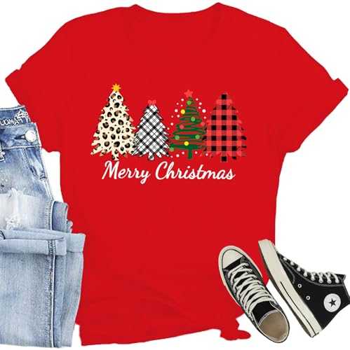 CQF Christmas Shirts for Women Merry Christmas Trees Printed T-Shirt Cute Xmas Holiday Tee Tops