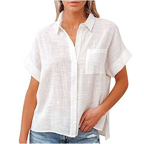 AMhomely Cotton Linen Tops for Women UK Summer Button Up Shirt Short Sleeve Blouse with Breasted Pocket Lapel Office Casual Tunic Tops Shirts Loose Fit Classic Tee Shirts Elegant Party Shirts