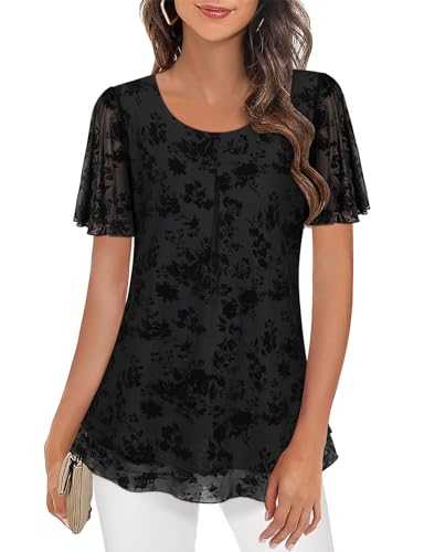 Akiooue Women's Summer Blouses Ruffle Short Sleeve Crew Neck Chiffon Tops Pleated Double-Layer Mesh Tunic T-Shirts M-3XL