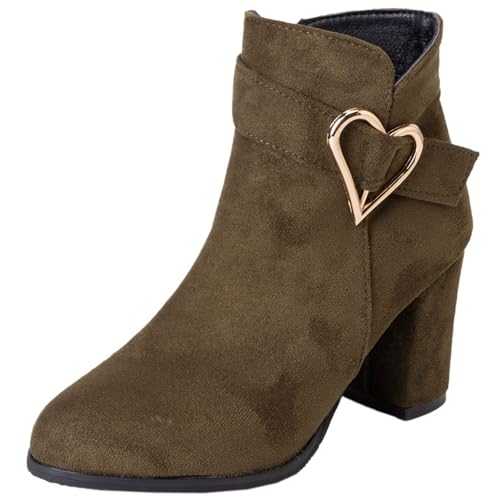Cocey Women's Ankle Boots with Chunky Heel and Mental Heart Decorated