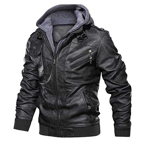 LZPCarra Men's Real Leather Jacket with Hood Bomber Jacket Men's Leather Multi-Zip Stand Collar Puller Outdoor Short Large Outdoor Warm Jacket Winter Jacket Men's Winter German Army Jacket