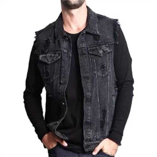 Men's Denim Vest Jacket, Lapel Collar Ripped Cowboy Vest, Classic Retro Cowboy Waistcoat Outwear With Pockets Fashion Slim Sleeveless Gilet, Punk Motorcycle Denim Coat Western Style Button Vest Top