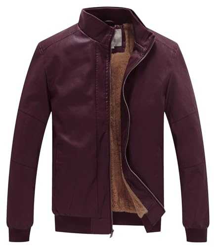 WenVen Men's Stand Collar Faux Leather Jacket Fleece Lined Bomber Jacket Vintage Outwear Windproof Motorcycle Coat