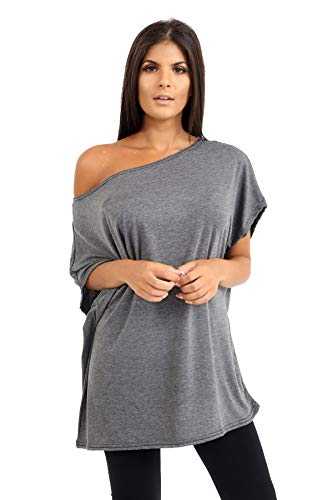 janisramone Womens Ladies New Plain Off The Shoulder Batwing Sleeve Bardot Baggy Oversized T-Shirt Tee Top