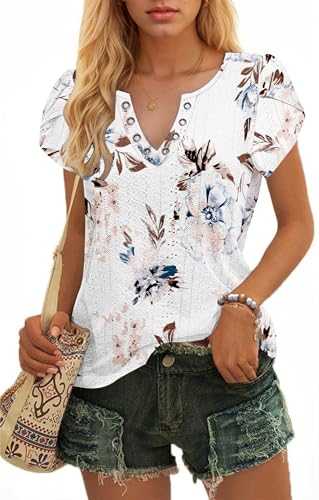 WNEEDU Ladies Tops Petal Short Sleeves T-Shirts V Neck Top for Women UK Casual Blouse Eyelet Embroidery