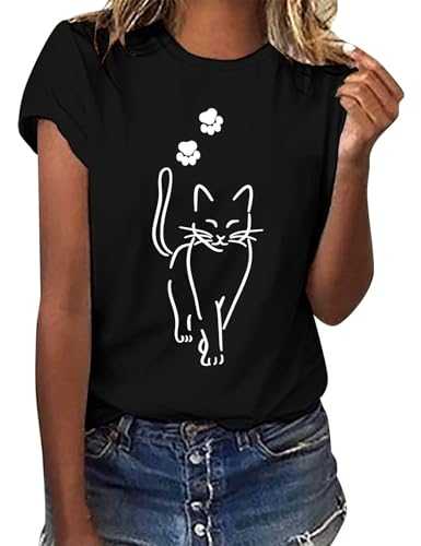 TOMEEK Women's T-Shirts Short Sleeve Ladies Tops Summer Crew Neck Basic Tops Graphic Print Tee Shirts Casual Black Tshirt