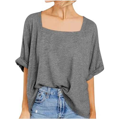 AMhomely Oversized T Shirts for Women UK Ladies Tops Size 18 UK Square Neck Half Sleeve Tees Shirts Baggy Casual Pullover Tops Summer T Shirts Solid Loose Blouse Longline Tops Large Size