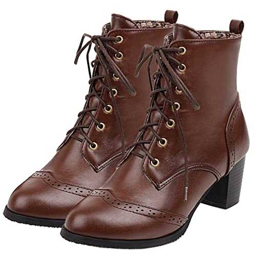Betastella Women's Wingtip Lace Up Booties Chunky Heel Ankle Boots