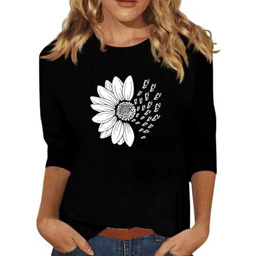 Tunic Tops for Women UK Women's Summer Fall T-Shirt Blouse Casual Daisy Flower Printed T-shirt 3/4 Sleeves Round Neck Tops for Ladies Classic Fit Tops