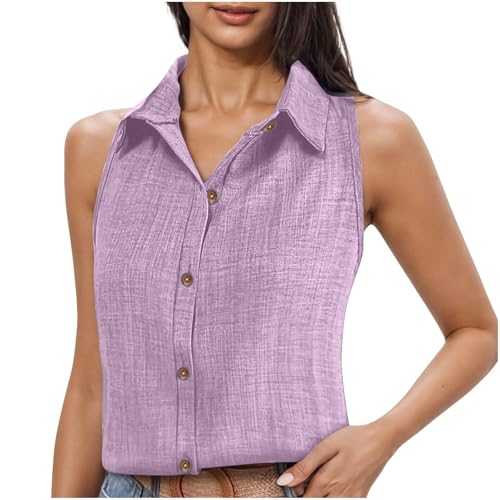 Women Vest Tops Button Down Shirts Casual Sleeveless Tank Top Ladies Summer Shirt Elegant Turndown Collar Vests Solid Color Casual Loose Fit Collared Blouse Cotton Linen Blouses