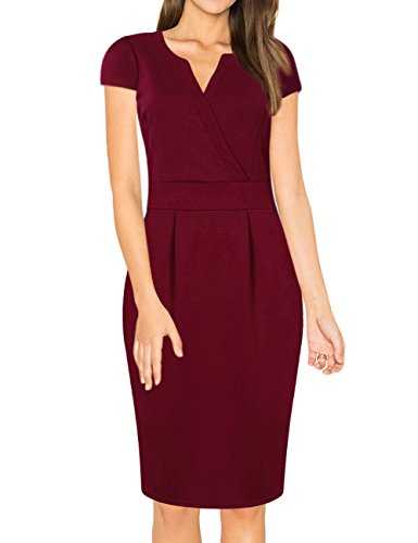 MISSKY Women's V-Neck Cap Sleeve Work Office Party Pencil Dress (Burgundy, M)