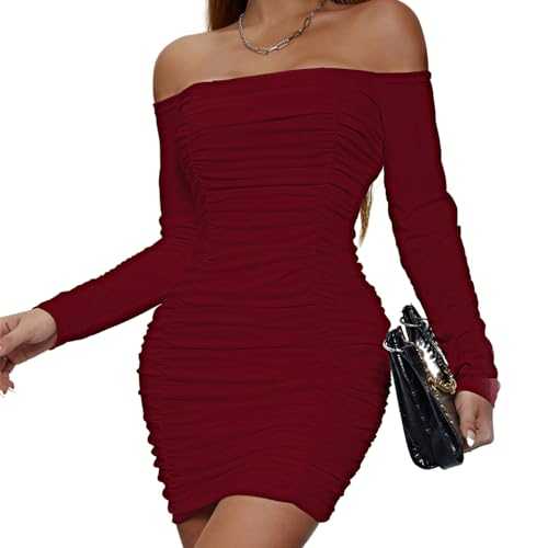 Womens Sexy Mini Dress Bodycon Ruched Off The Shoulder Long Sleeve Short Dresses for Party Night Out Clubwear