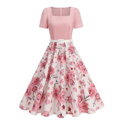 EFOGEP 1950s Dresses for Women Vintage Polka Dots Floral Short Sleeve Rockabilly A-Line Swing Midi Tea Dress Cocktail Wedding Party Prom Work Office Formal 50s Retro Dresses