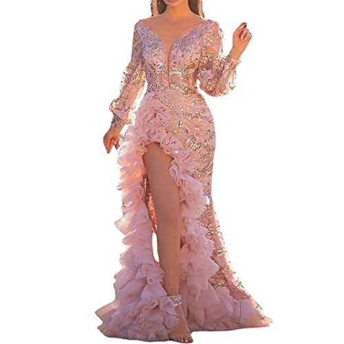Women's Evening Dress Pink Sexy Deep V Neck Bodycon Mesh Slit Sequin Party Prom Formal Gown