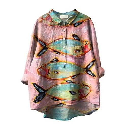 Weiden Linen T Shirt for Women Vintage Art Print Lapel Collar Button Down Long Sleeve Casual Tops Women Evening Fashion Blouse