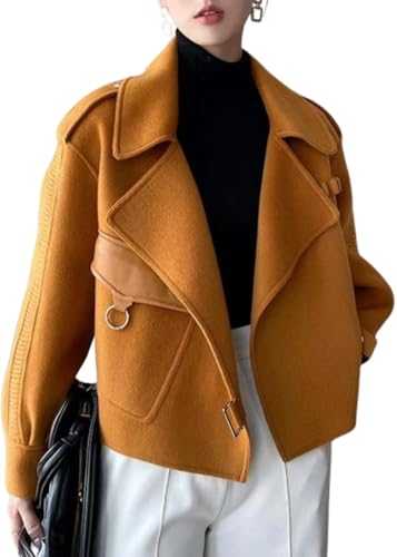 utcoco Women Cropped Wool Coats Warm Pea Coat Notched Lapel Open Front Trench Overcoat Jackets with Pockets