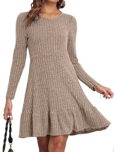 Yutdeng Women's Dresses Vintage Long Sleeve Jumper Dress Ladies Casual Crew Neck Dress Ruffle A-Line Flared Midi Dress Solid Color Ribbed Knit Sweater Dress for Autumn Winter