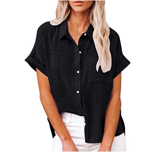 Ladies Tops Clearance Womens Casual Button Down Short Sleeve Shirts Summer Fashion Cotton Linen Shirt Plus Size Tops Plain Tshirts Business Office Casual Work Blouses with Pocket
