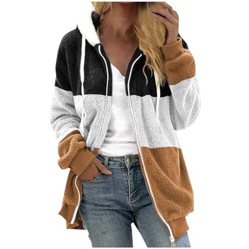 Teddy Bear Coats for Women Fashion Casual Hooded Zipper Pocket Plush Sweater Jacket Cold-Weather Wool Top Fitted Jackets Teddy Parka Overcoat Trench Jacket Everyday Coats (White,22 UK)