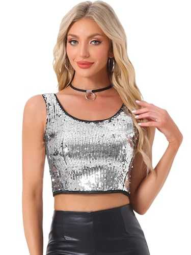 Women's Crop Top Vest Tank Top U Neck Sleeveless Party Clubwear Shiny Metallic