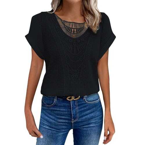 2-Piece Women's Summer Tops Crew Neck Lace Splicing Knitted T-Shirts Elegant Casual Short Sleeve Tops Plain T-Shirts Turtleneck Women's Short Sleeve