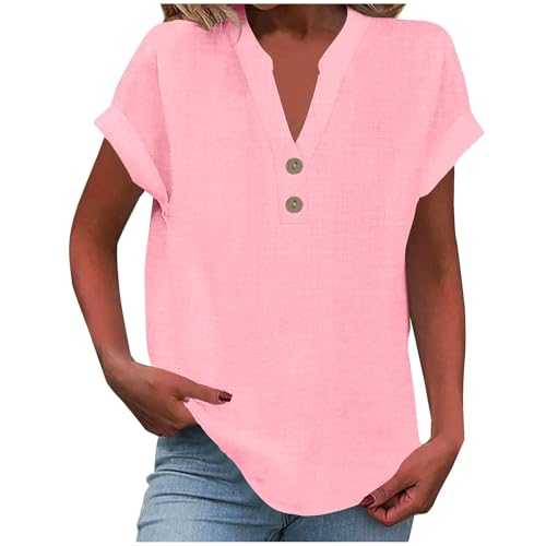 TURWXGSO Summer Tops for Women UK Cotton Linen Short Sleeve Shirt Plain Loose Tunic Blouses Button V Neck Henley Shirts Dressy Casual Top Tshirts Ladies Plus Size Tees S-5XL Clearance