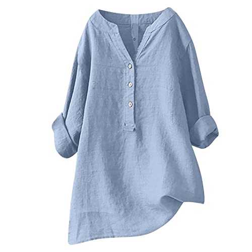 Blouses for Women UK Dressy Cotton Linen Tops Casual Loose Rolled Long Sleeve T-Shirt V Neck Summer Tops Swing Plus Size Button Up Shirt Ladies Tunic Solid Color Tshirt Elegant