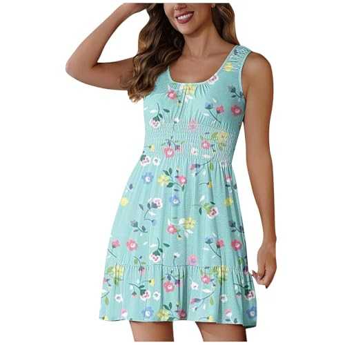 Sundress for Women UK Elegant Sleeveless Mini Dresses U Neck Ruffle Dress Swing Flowy Dress Ladies Office Work Dress Casual Loose Elastic Waist Swing Dresses A-Line Summer Sun Dress