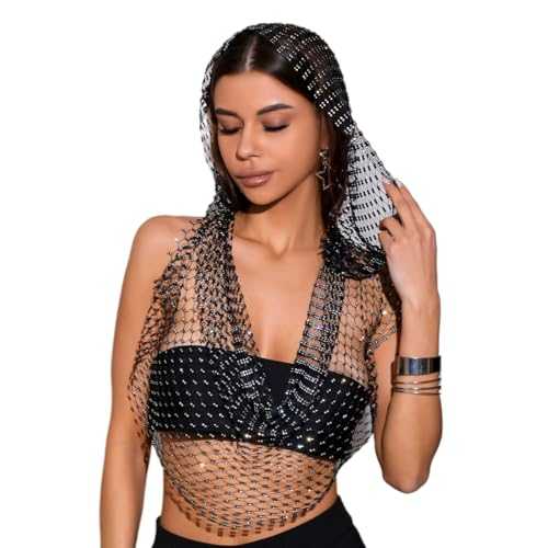 UniqKaliber Rhinestone Mesh Tops for Women, Glitter Tank Tops Party Clubwear Sexy Hood Shirt Hollow Out Tops