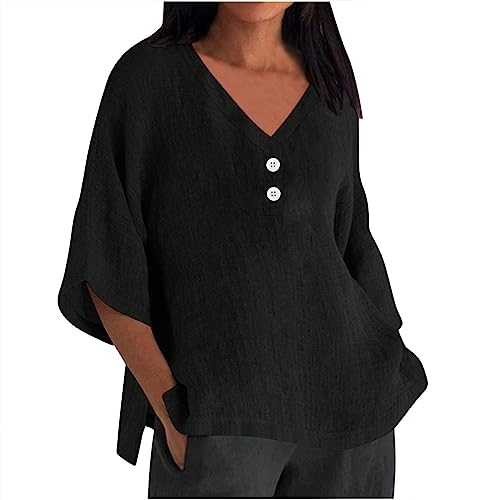 LUSHAasd Linen Tops for Women UK Casual Loose Fashion T-Shirt Blouses Plus Size Tshirt V-Neck Button-Down Pullover Top Summer Clothes Outfits Streetwear