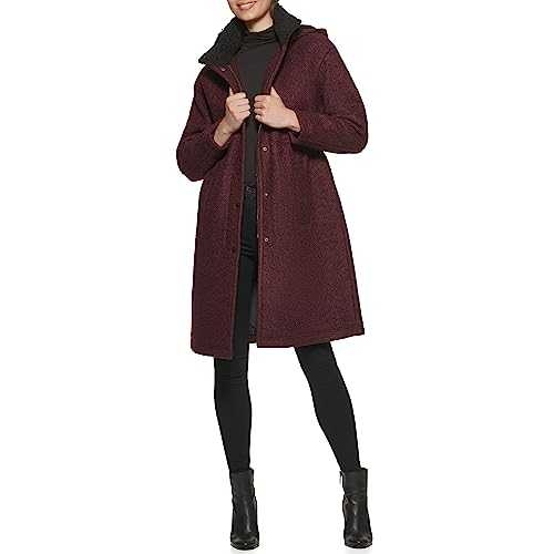 Kenneth Cole Women's Full Zip Hooded Knee Length Boucle Wool Coat Blend
