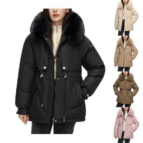 Nuaoxyeu Winter Coats for Women Warm Thermal Puffer Jackets Thick Long Fleece Lined Coat Soft Lightweight Parka Jackets Zip Up Outerwear With Fuffly Hood Casual Loose Windproof Trench Coats