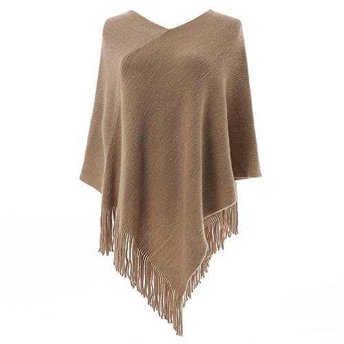 LIKIN Women Poncho Sweater V Neck Solid Knit Pullover Cape Lightweight Shawl Elegant Wrap with Fringes Gifts for Women