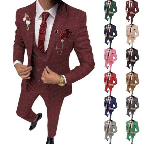 Suits for Men 3 Piece Classic Regular Fit Checked Business Suit Jacket Trousers Vest for Weddings and Business