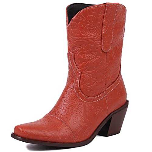 Women Printed Slip on Cowboy Booties Block Heel Short Boots Square Toe Ankle Boots