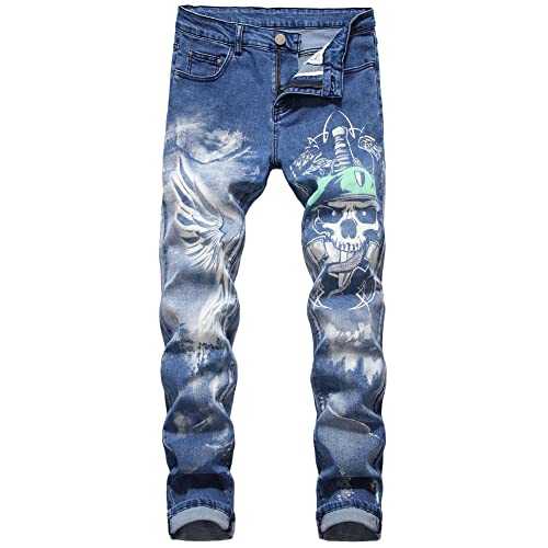 YAOTT Men's Jeans Skull Pattern Straight Leg Denim Trousers Stretch Jeans Pants