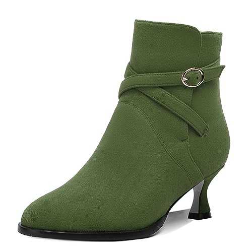 SHOWFOREST Womens Solid Suede Round Toe Ankle Strap Cold Weather Dating Buckle Kitten Low Heel Ankle High Boots 2 Inch
