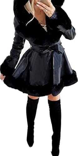 Women's Faux Fur Coat Hood, Plus Size Faux Fur Lining Collar Thicken Warm Jacket, Winter Fashion Leather Outerwear with Belt.
