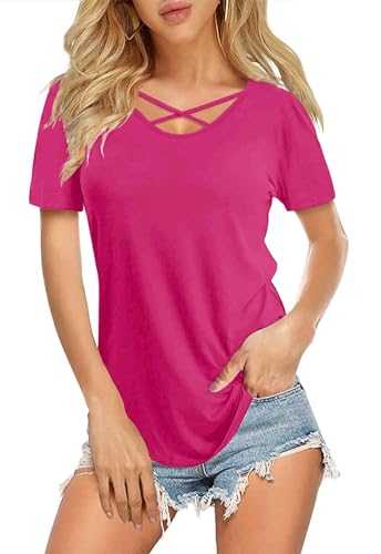 ANCAPELION Women's Short Sleeve T-Shirt Round Neck Casual Summer Tops Sexy Criss Cross Slim Fit Basic Tee Tops Shirts