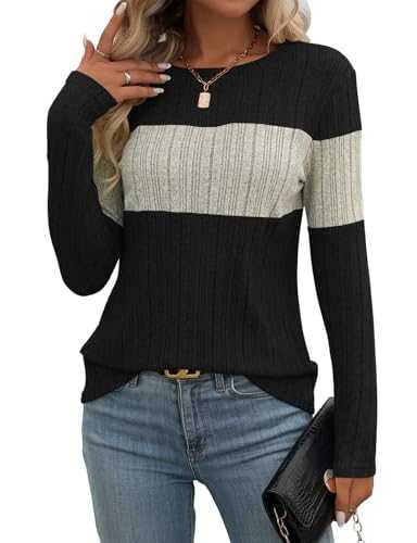 Gemulate Women's Jumpers Long Sleeve Tops Ladies Lightweight Knit Jumpers Round Neck Sweaters Casual Tight Fit Striped Sweatshirts T Shirt S-2XL