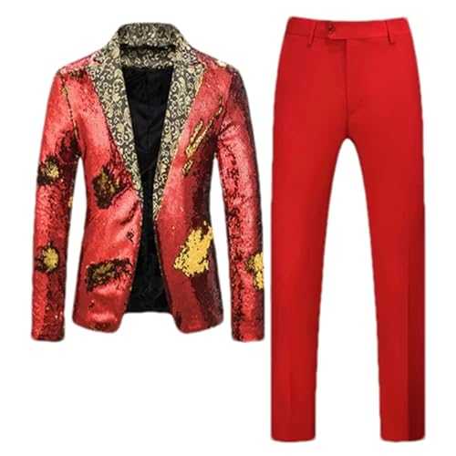 Men Sequin Suit 2 Piece Gold/Blue Men's Dance Party Cardigan Dress Blazers and Solid Color Pant