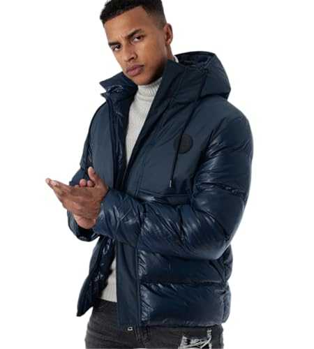 Soul Star Men's Urban Designer Wrap Around Neck Padded Puffer Winter Hooded Jacket, Black, Navy