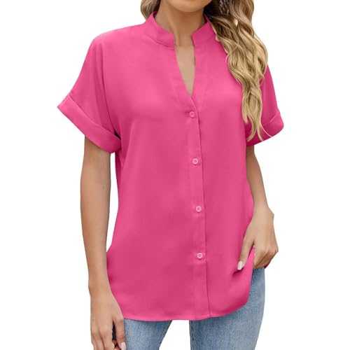 Women's Casual Fashion Solid V-Neck Short Sleeve Button Down Loose Shirt Blouse Top Glitter Top