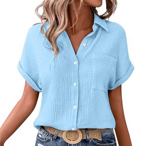 Shffuw Linen Tops for Women UK Summer Ladies Casual Button Down Short Sleeve Tunic Blouses Textured Collared Solid Elegant T-Shirts Oversized Trendy Lounge Cotton Baggy Tshirts Size S-5XL